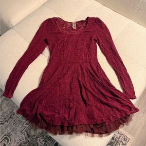 Free People Lace Long Sleeve Dress in Deep Red wine burgundy